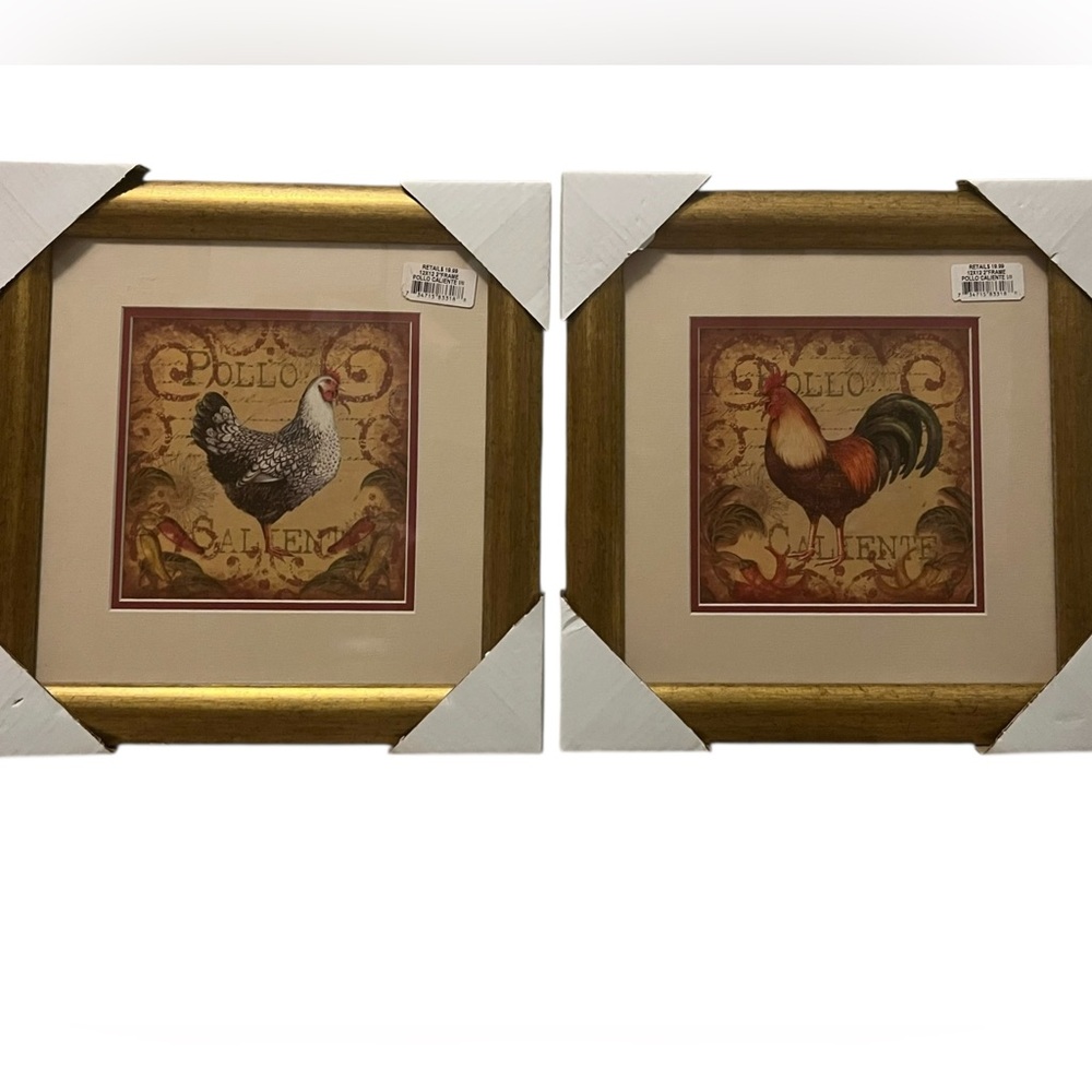 Set of Two Rooster and Hen Framed Art Prints